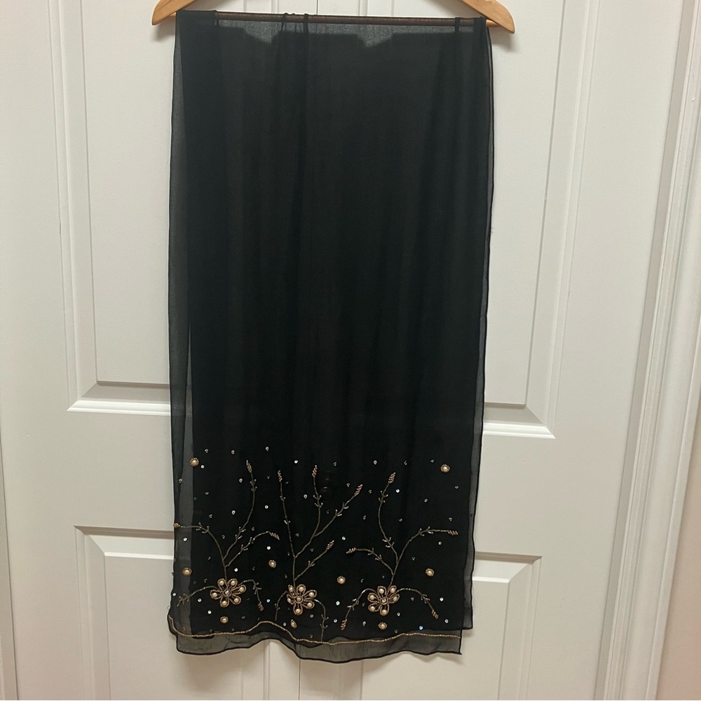 Frangi large oblong sheer scarf or wrap, beaded, black